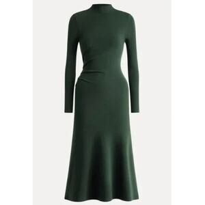 NWT OGL Sz XS ProWarm Long Sleeves Mockneck Tucks Midi Dress Dark Green